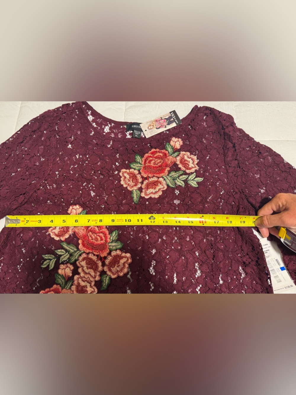 Karen Kane Burgundy Lace with Floral Embroidery Embellished Bell Sleeve Lace Top - Picture 5 of 16